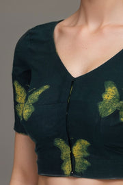 Green Butterfly Motif Indigo Hand Block Print Cotton Blouse 10074583