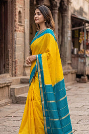 Sunshine Gold Yellow Mysore Crepe Silk Saree With Checks Design And Zari Border 10076252