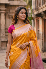 Yellow Kanjivaram Vegan Silk Saree with Contrast Pallu 10073865