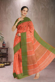 Orange Hand Block Printed Chanderi Saree 10036357