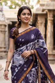 Purple and White Tie-Dye Sungudi Cotton Saree 10078013