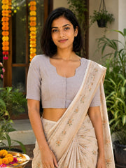 Grey Handcrafted Slub Cotton Solid Style Blouse 10073190