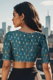 Green Pochampally Ikat Mirror Work Cotton Blouse 10074521