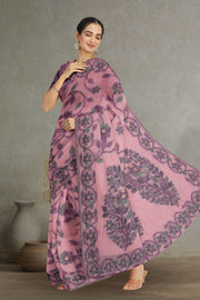 Pink Handloom Jamdani Linen Saree 10074665