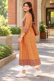Orange Printed Cotton Kurta 10078205