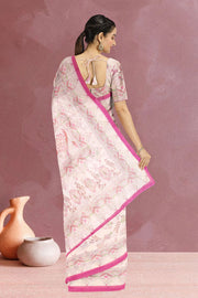 Cream Kalamkari Kantha Printed Malai Cotton Saree 10074906