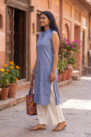 Blue Handcrafted Solid Style Sleeveless Cotton Kurta 10077454