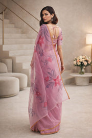 Pink Hand Painted Organza Saree 10065934