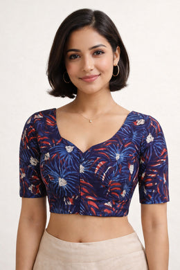 Blue Hand Block Jahota Printed Cotton Blouse 10074997
