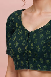 Green Flower Motif Indigo Hand Block Print Cotton Blouse 10074582