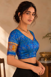 Classic Royal Blue Kanjivaram Silk Blouse With Floral Motifs and Geometric Border 10076634