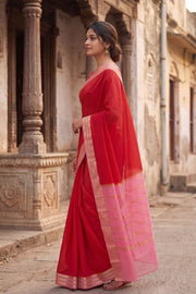 Cherry Blossom Red Mysore Crepe Silk Saree With Zari Border 10076228
