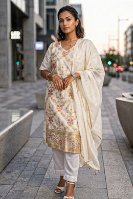 Cream Mukaish Embroidery Viscose Silk Salwar Suit 10076196