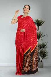 Red Bandhani Mulmul Cotton Saree 10075500
