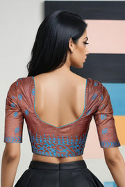 Brown Kantha Embroidered Tussar Silk Blouse 10073424