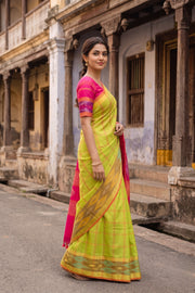 Green Kanjivaram Silk Cotton Saree with Ikat Border 10077975