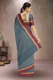 Dusty Teal Green Art Silk Kanjivaram Saree With Stripes Design 10076331