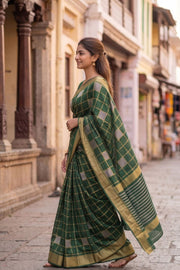 Jungle Leaf Green Mysore Crepe Silk Saree With Checks And Zari Border 10076662