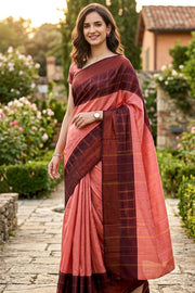 Pink Kanjivaram Vegan Silk Saree With Stripes Design 10076346