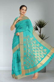 Blue Fish Motifs Chanderi Printed Silk Cotton Saree 10075937