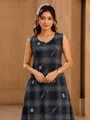 Black Embroidered Cotton Checked Dress 10077625