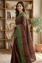 Brown Kanjivaram Vegan Silk Saree With Stripes Design 10076351