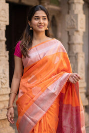 Kanjivaram Viscose Vegan Silk Saree in Peachish Orange with Contrast Pallu 10073860