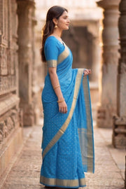 Deep Aqua Blue Mysore Crepe Silk Saree With Geometric Design And Zari Border 10076673