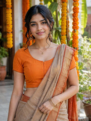 Orange Handcrafted Slub Cotton Solid Style Blouse 10073187