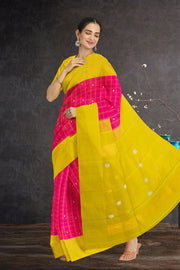 Korvai Kanjivaram Handloom Silk Saree with Pink Checked Body Silver and Gold Zari Buttis and Contrast Yellow Border  10076117
