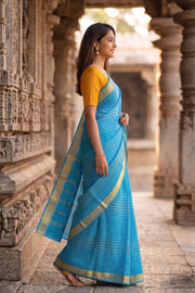 Aqua Sky Blue Mysore Crepe Silk Saree With Stripes Zari Design And Zari Border 10076674