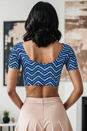 Blue Zigzag Design Indigo Hand Block Print Cotton Blouse 10074571