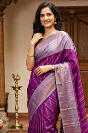 Purple Vegan Silk Kanjivaram Saree With Stripes Design 10076348