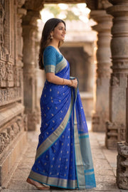 Royal Azure Blue Mysore Crepe Silk Saree With Leaf Butta Design And Zari Border 10076678