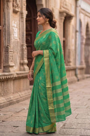 Aqua Mint Green Mysore Crepe Silk Saree With Floral Design And Zari Border 10076680