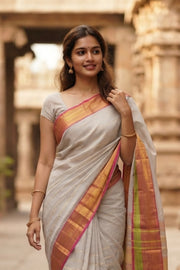 Pebble Grey Handloom Kanchi Cotton Saree With Peacock Zari Border 10076585