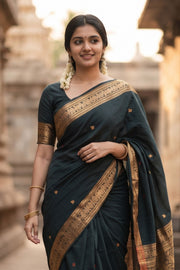Green Kanchi Cotton Saree with Rich Zari Pallu 10068674