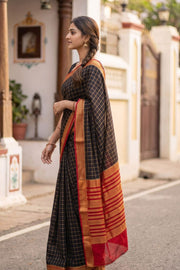 Coffee Bean Black Mysore Crepe Silk Saree With Checks Design And Zari Border 10076267