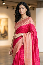 Pink Vegan Silk Kanjivaram Saree With Stripes Design 10076345