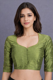 Olive Green Aari Embroidered Tussar Silk Blouse 10070439
