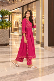 Hot Pink Printed Cotton Kurta Set 10078208