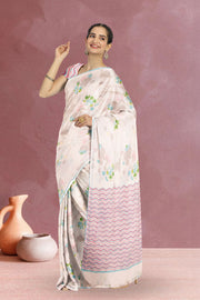 Off White Printed Chanderi Saree 10064655