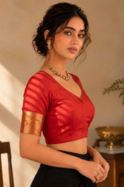 Sunset Scarlet Red Kanjivaram Silk Blouse With Floral Zari Border 10076645