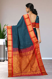 Teal Blue Handloom Gadwal Kuttu Cotton Saree 10061425