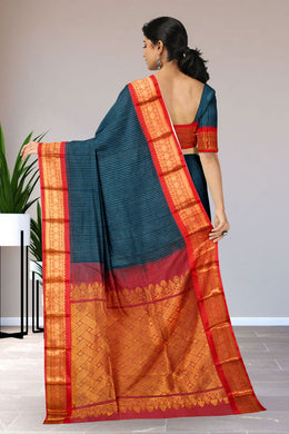 Teal Blue Handloom Gadwal Kuttu Cotton Saree 10061425