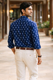 Indigo Handblock Print Pre-Washed Pure Cotton Shirt 10076872