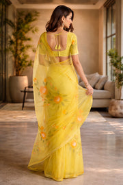 Yellow Hand Painted Organza Saree 10065944