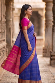 Moonlit Ocean Blue Mysore Crepe Silk Saree With Checks Design And Pink Zari Border 10076266