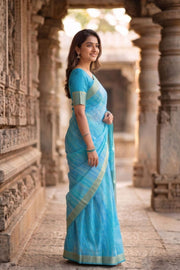 Skyline Blue Mysore Georgette Saree With Floral Butta Design And Zari Border 10076682