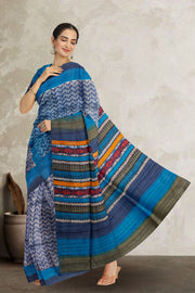 Blue Printed Tussar Silk Saree 10076292
